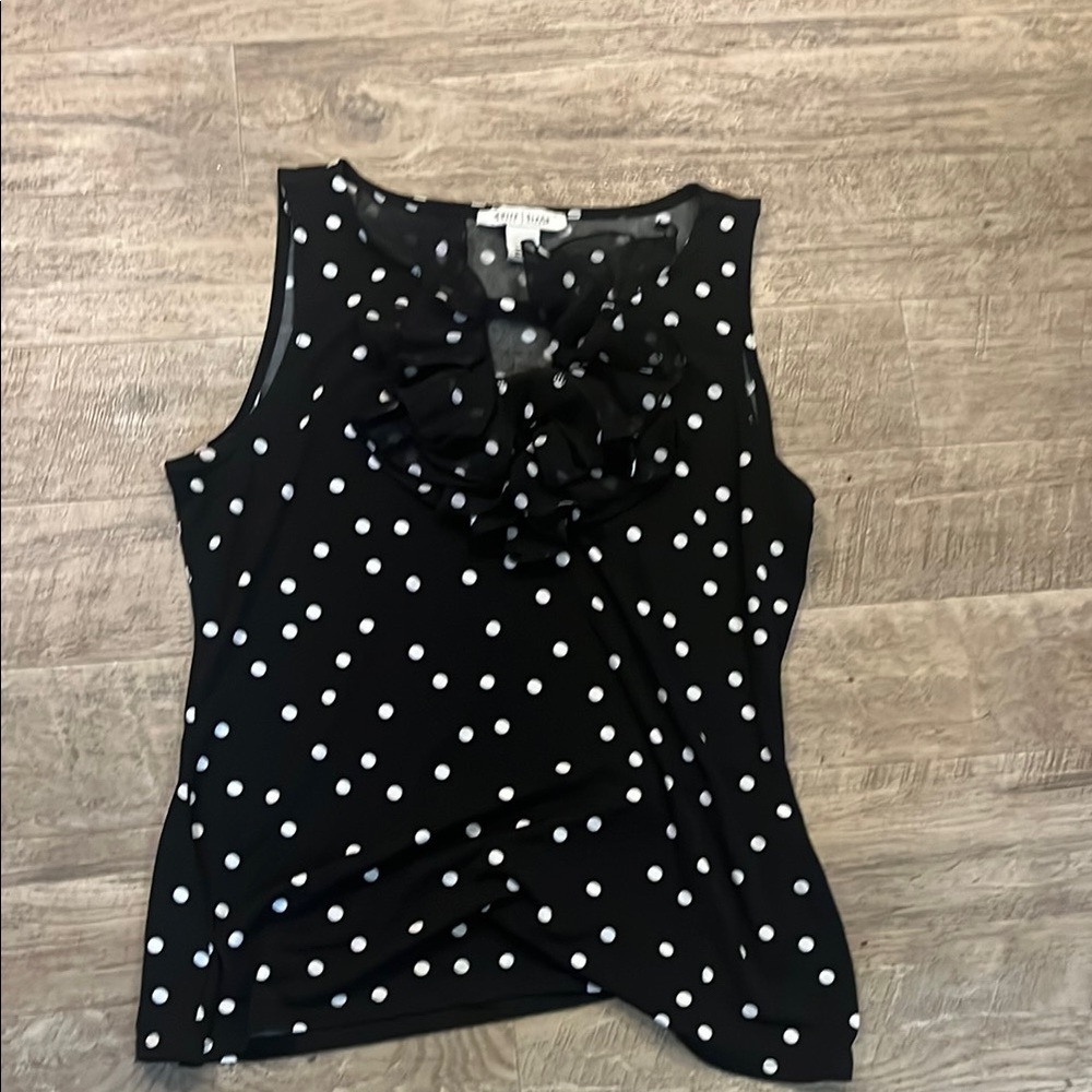 White House Black Market Black Polka Dot Ruffle Sleeveless Top